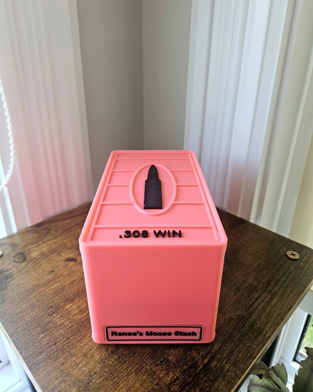 Closed personalized pink .308 Win ammunition box