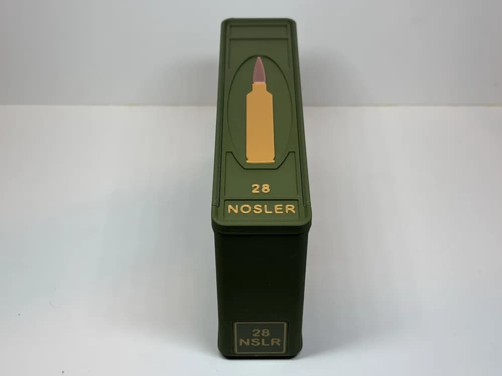 Ammo Storage Box - 28 NOSLER - 20 Rounds front view product photo; ammunition not included