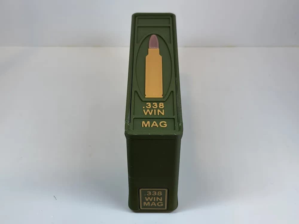 Ammo Storage Box .338 Winchester Magnum 20 Rounds front view product photo; ammunition not included