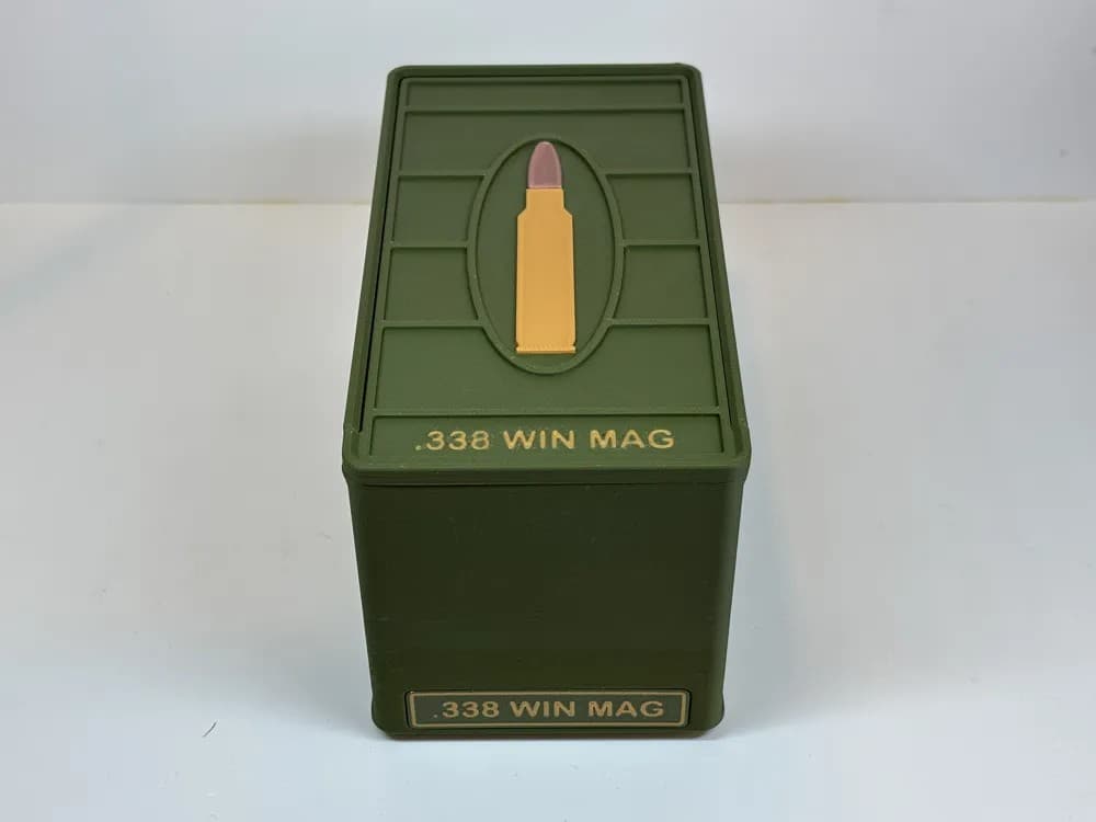Ammo Storage Box .338 Winchester Magnum 50 Rounds front view product photo; ammunition not included